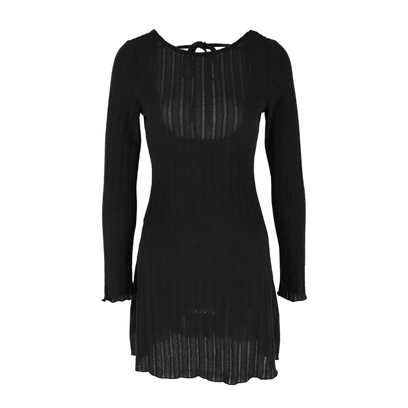 Long Sleeve Knitted Backless High Waist Lace-up Dress HerMood
