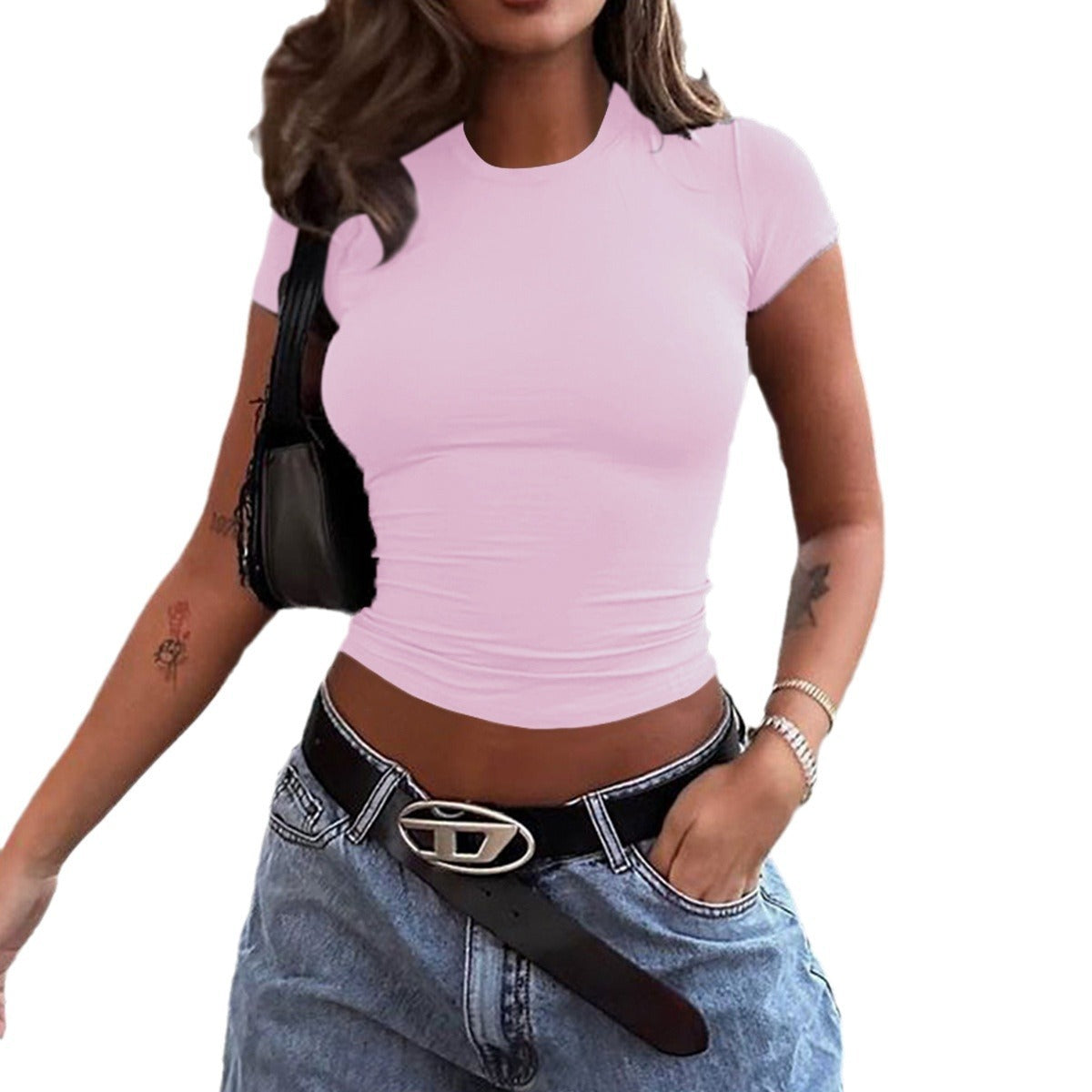 Spring And Summer Solid Color Top Waist Trimming Short Slim Fit Midriff-baring T-shirt HerMood