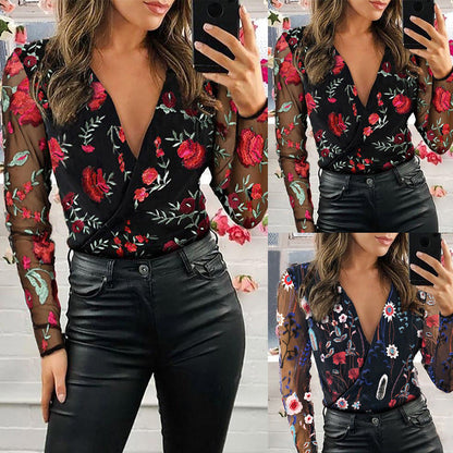Embroidered V-neck Mesh Stitching Long-sleeved Shirt HerMood