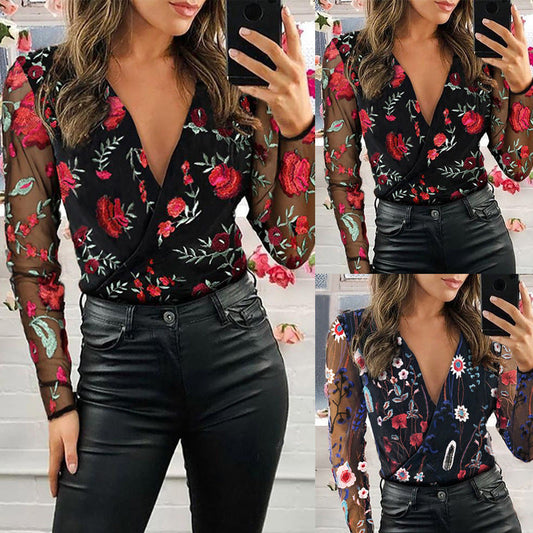 Embroidered V-neck Mesh Stitching Long-sleeved Shirt HerMood