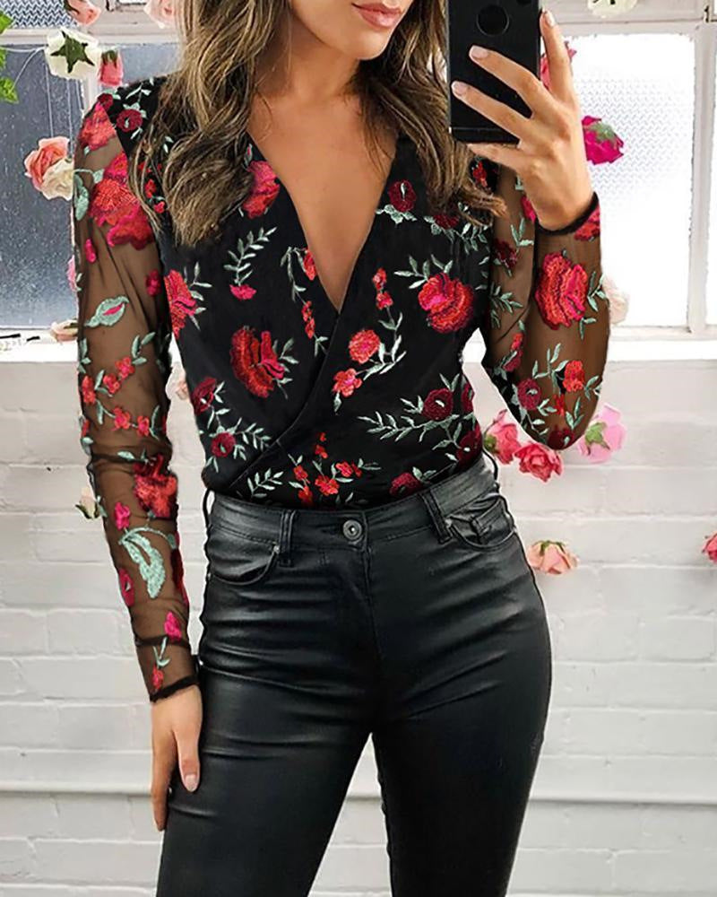 Embroidered V-neck Mesh Stitching Long-sleeved Shirt HerMood