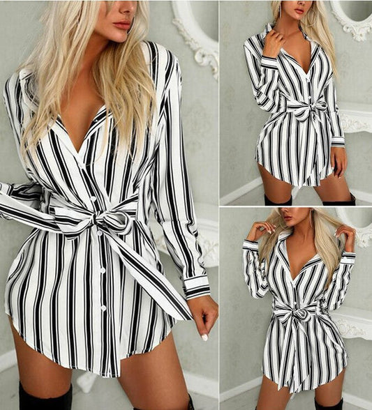 Women's Shirt Dress Lapel Dress A Line Skirt Belt HerMood