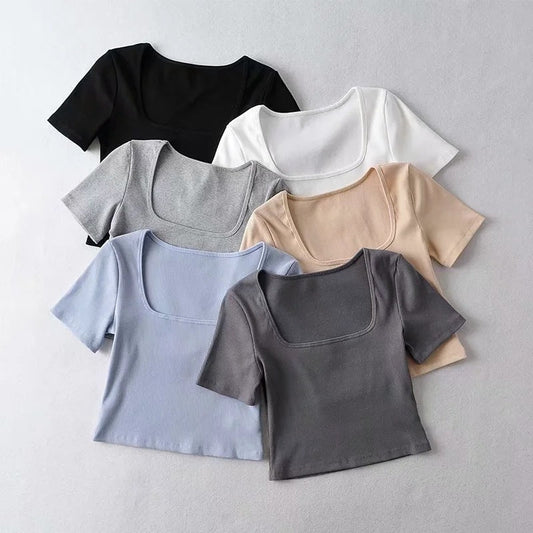 Summer Cropped Square Neck T-shirt Women HerMood