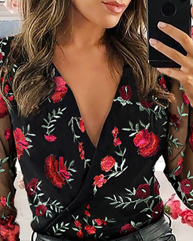 Embroidered V-neck Mesh Stitching Long-sleeved Shirt HerMood