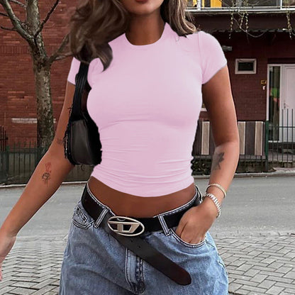 Spring And Summer Solid Color Top Waist Trimming Short Slim Fit Midriff-baring T-shirt HerMood