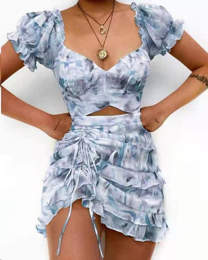 Ladies European And American Print Smocked Dress